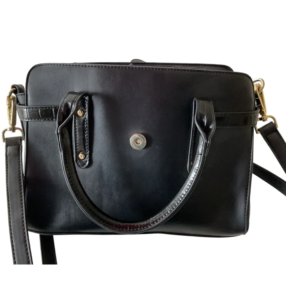 Steve Madden Black Croc Trim Satchel Crossbody Bag Gold Hardware SM Logo Handbag